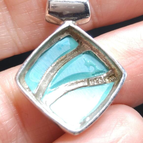 Vintage Lucite Turquoise Pendent Necklace, Sterling Italy Box Chain - Picture 7 of 10